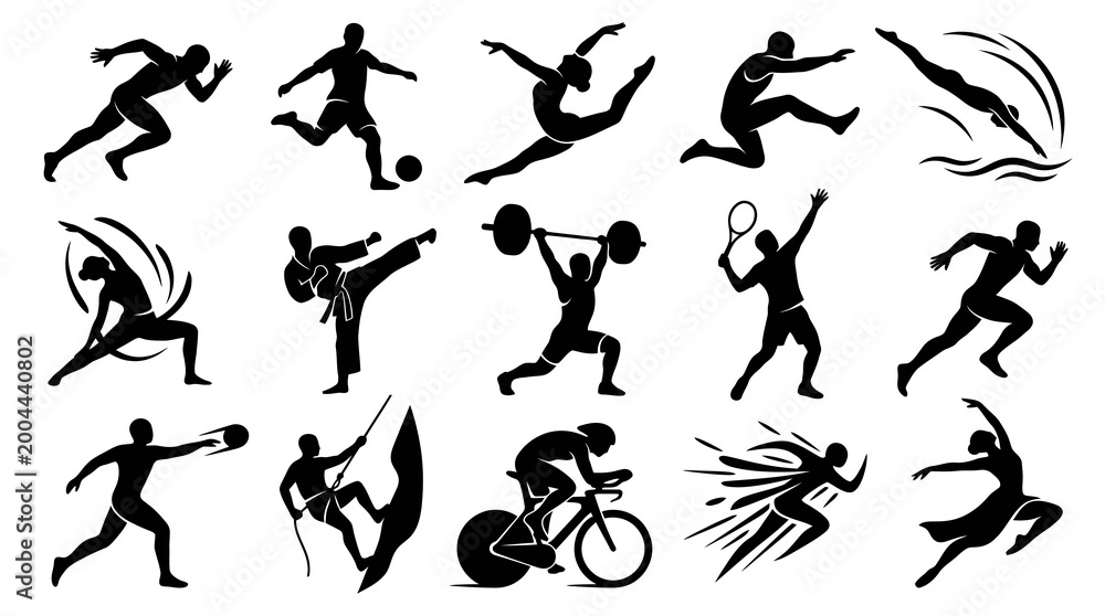 Fototapeta premium Sports Athletes Glyphs Icons Set - Black and White Silhouettes Collection
