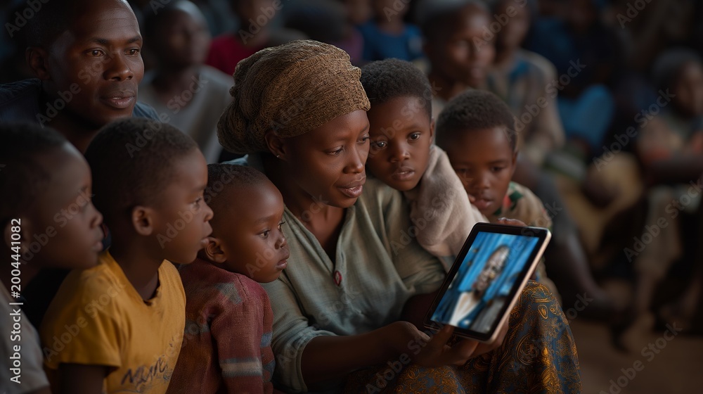 Fototapeta premium Multicultural group of low-income families video conferencing with legal aid attorneys through accessible tablet interfaces in crowded community center space, perfect for social justice keywords,