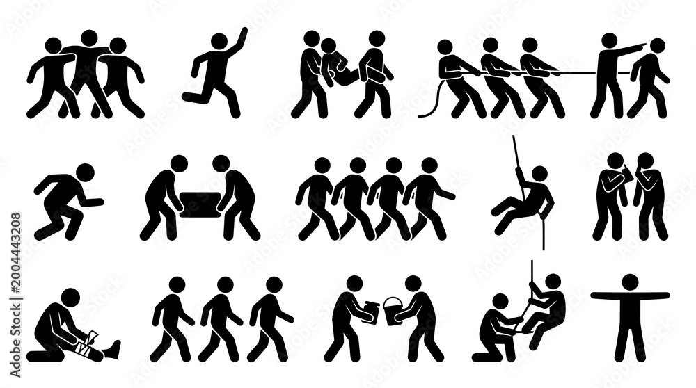 Fototapeta premium Black and White Stick Figure Icons: Teamwork, Help, Support, Activity, Team