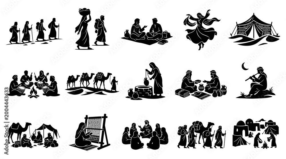 Obraz premium Middle Eastern Culture Black White Silhouette Icons: Desert Life, Nomads, Traditional Scenes