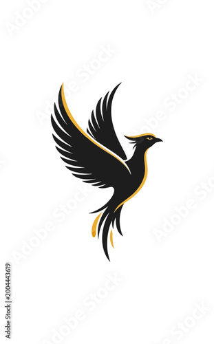 Stylized bird icon in black and gold on dark background