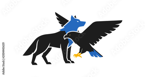 Stylized illustration of mythical creatures on black background