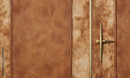 Leather door handle cognac brown entrance door with luxurious hide texture and gold hardware for upscale interior design