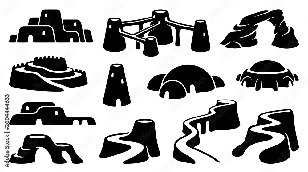 Obraz premium Architecture and Play: Abstract Building and Landscape Glyph Icons Set