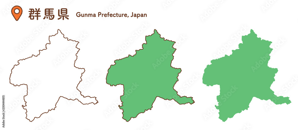 Fototapeta premium 群馬県の地図イラストセット｜日本地図・都道府県・関東地方