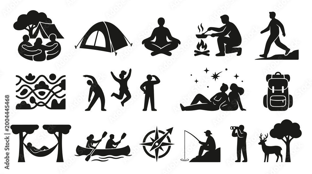 Obraz premium Outdoor Adventure Camping Nature Recreation Black Glyph Icon Set