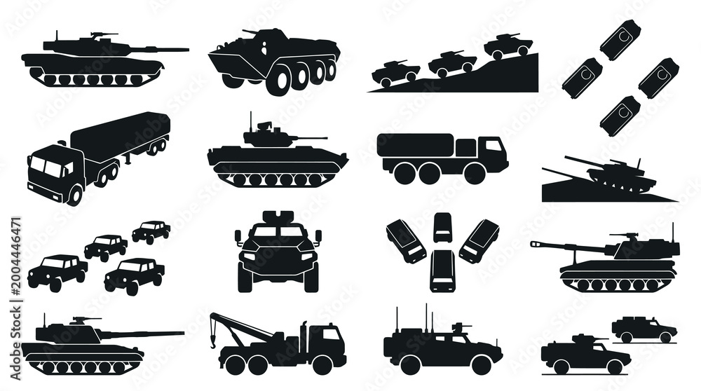 Fototapeta premium Military Vehicles and Defense Equipment Black Silhouette Icon Set