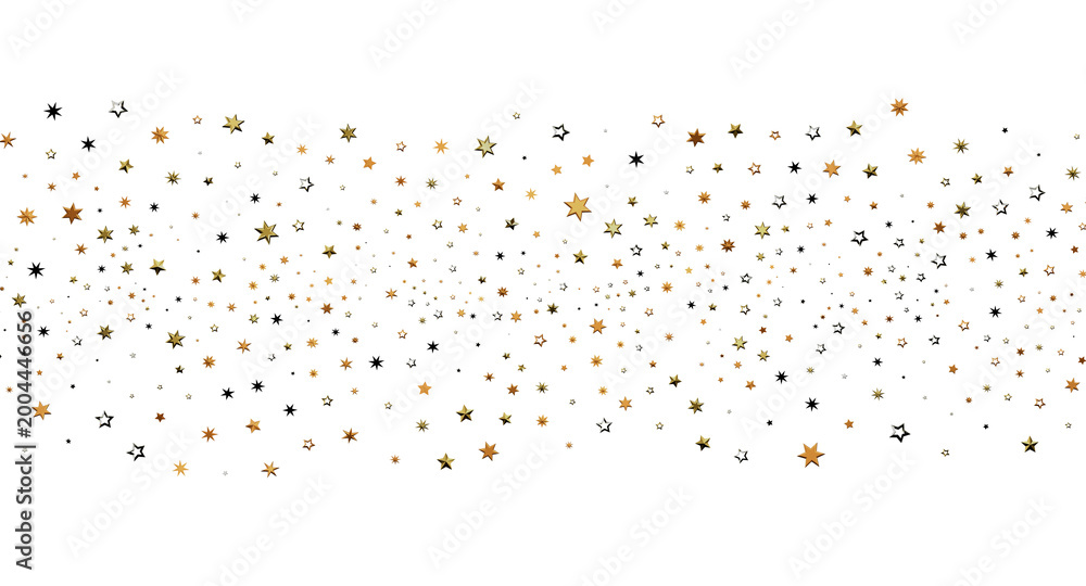 Fototapeta premium Festive gold star confetti falling against a clean white backdrop, perfect for holidays, celebrations, and design elemen