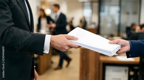 Businessman handing stack of blank paper documents to colleague in office. Professional partnership and collaboration. Corporate handover of agreement or project task in business.