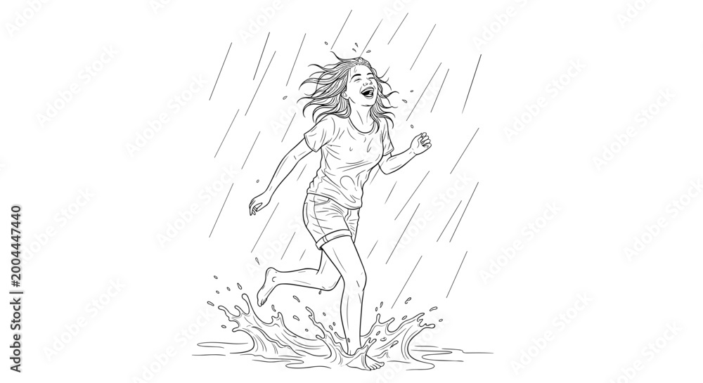 Fototapeta premium Woman Running Joyfully in Rain Sketch Illustration 