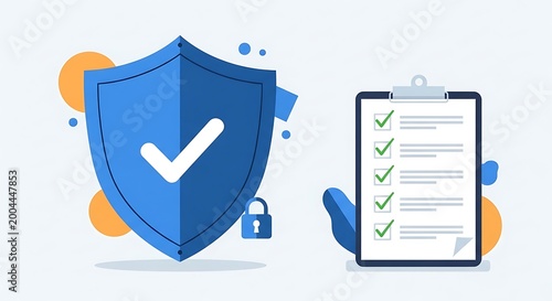 Blue shopping bag with white handle and checkmark icons vector illustration isolated