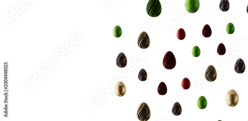 Fotografie Decorative Easter eggs in various colors and textures float against a white backdrop