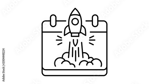 Campaign Launch and Project Kickoff Minimalist Black Line Vector Icon on White Background Featuring a Rocket Taking Off from a Calendar with Editable Stroke for Business and Marketing Success.