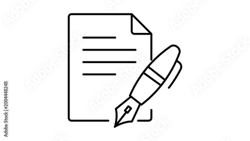 Minimalist Copywriting and Content Creation Vector Icon: A Black Line Illustration of a Document and Fountain Pen on White Background with Editable Stroke for Adjustable Line Weight Design.