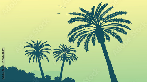 Three palm trees standing against a gradient sky background