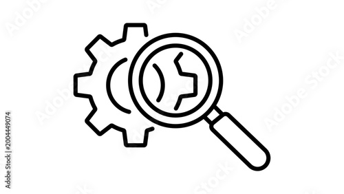 SEO Audit and Technical Analysis Concept Minimalist Black Line Vector Icon Illustration Featuring a Magnifying Glass Over a Gear with Editable Stroke and Adjustable Line Weight on White Background.