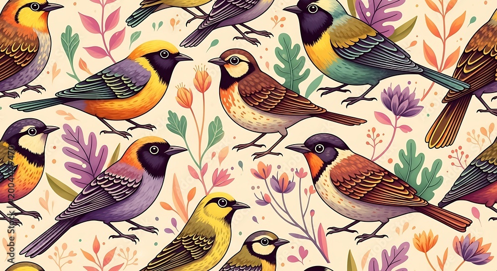 Obraz premium Colorful illustration various birds and flowers on beige background