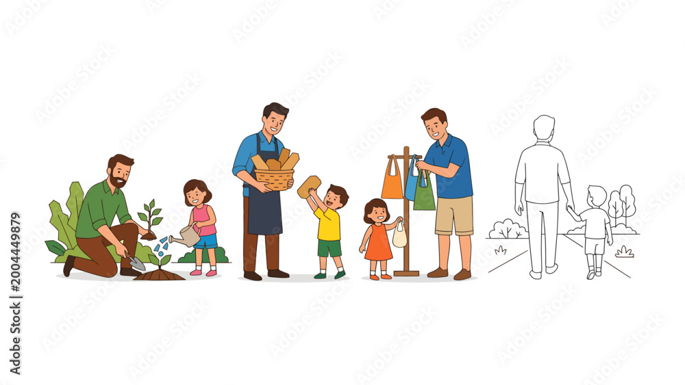 Fototapeta premium Dad's Day Out: A series of heartwarming illustrations captures father with his child participating in various activities, fostering the bonds of family life.