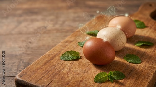 Fresh Brown and White Eggs with Green Mint Leaves on Rustic Wooden Cutting Board Background