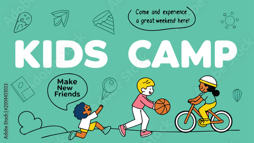 Colorful kids camp illustration with children playing and making friends
