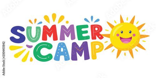 Colorful summer camp logo with smiling sun