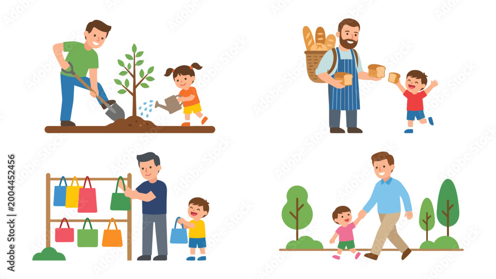 Fototapeta premium Father-Child Moments: Capturing the essence of paternal love and everyday life, this heartwarming illustration showcases a series of activities between fathers and their children.