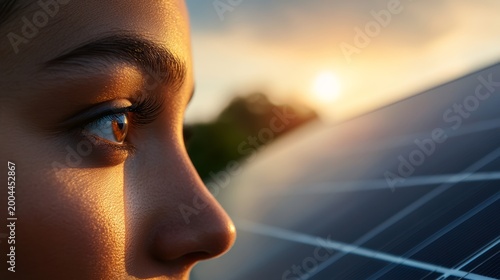 Environmental awareness action solar panel farm youth engagement rural area close-up view sustainability concept