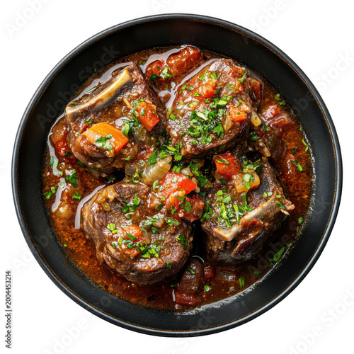 Top view of a delicious looking osso buco on a dark ceramic plate isolated [Transparent Background PNG].