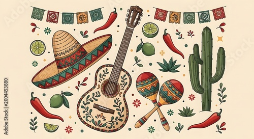 Mexican culture symbols including sombrero, guitar, maracas and cactus. Hand drawn set of traditional items for Cinco de Mayo celebration. Decorative festive elements for invitation card.