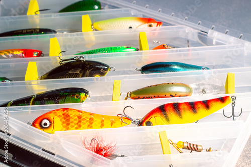 Canvastavla Transparent fishing tackle box containing lures hooks bobber