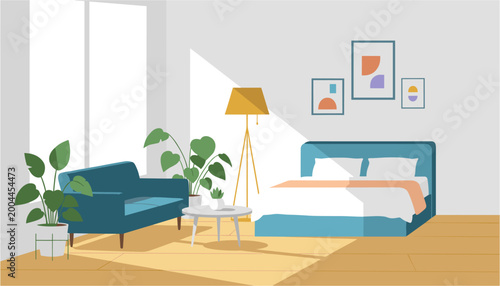 Valokuva Modern bedroom interior with blue sofa, bed, and floor lamp