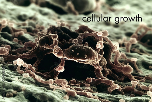 Cellular growth, specifically of cells in a tissue, is depicted. It shows a microscopic view of cell proliferation and arrangement within a biological matrix.