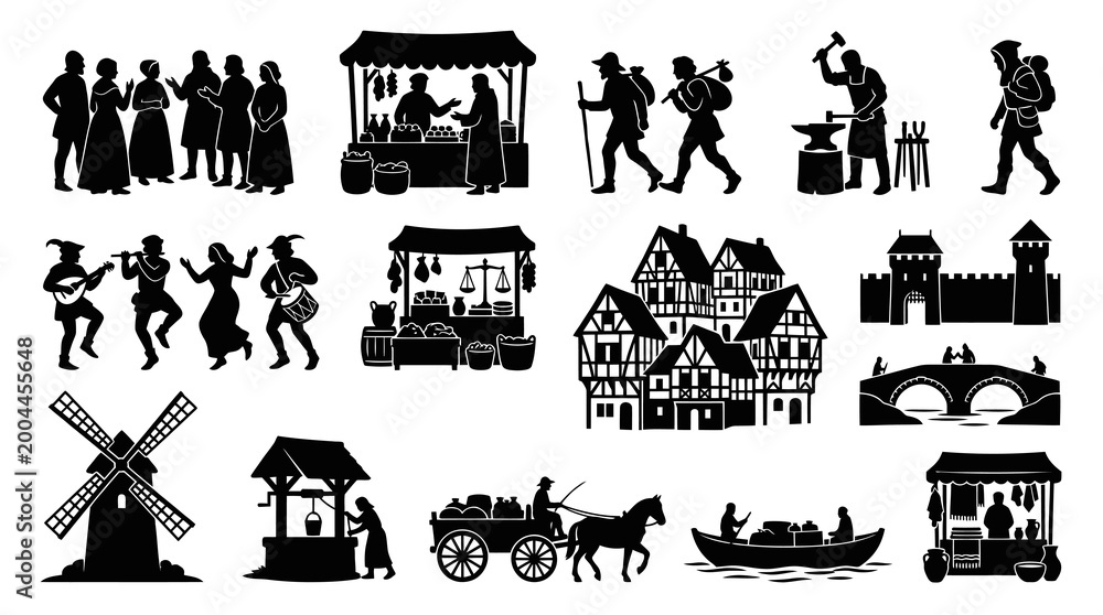 Fototapeta premium Medieval Village Life Black and White Silhouette Icons