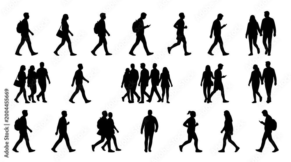 Fototapeta premium Black and White Silhouette People Walking, Running, and Using Phones
