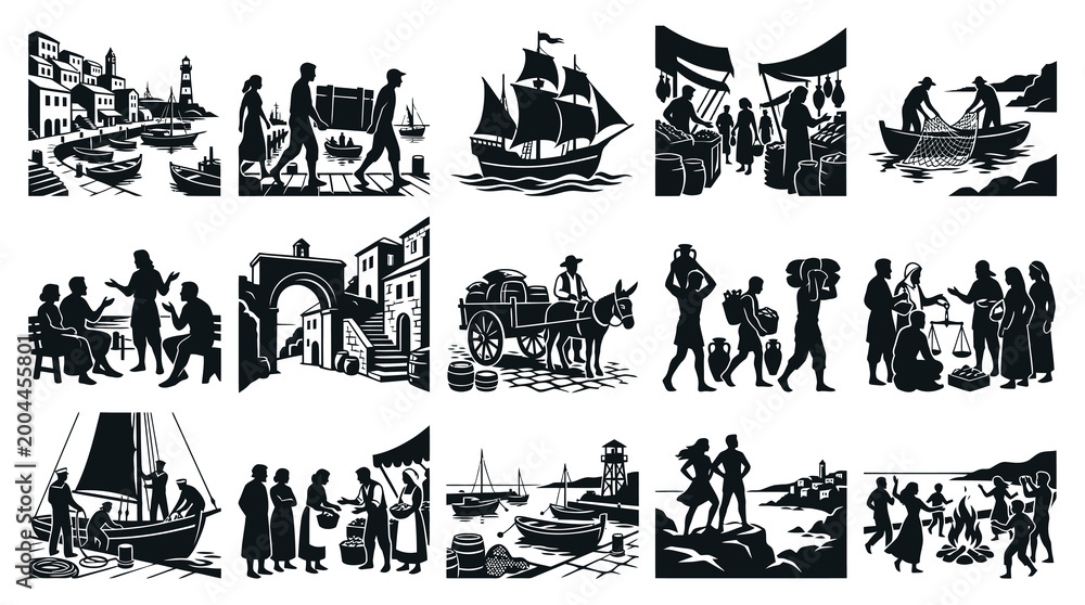 Obraz premium Black and White Silhouette Illustrations of Historical Mediterranean Village Life