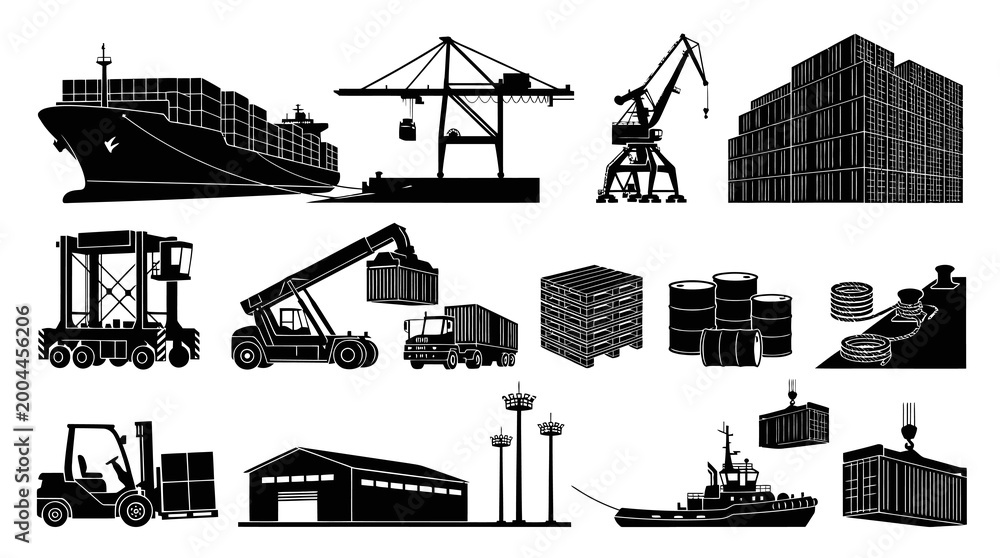 Obraz premium Shipping Industry Black White Icons: Ship, Crane, Cargo Containers, Forklift
