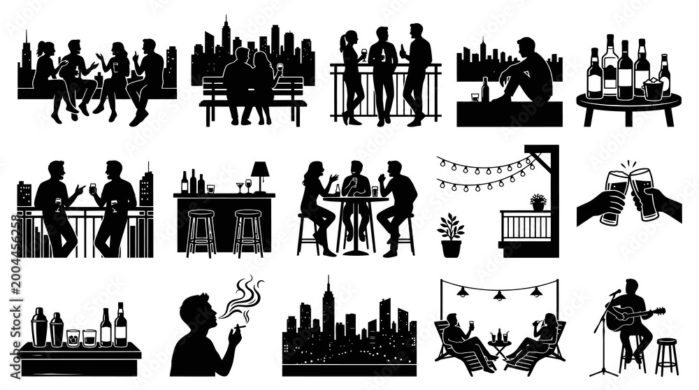 Obraz premium Black and White Cityscape Silhouettes: Rooftop Bar, People, Drinks, Music