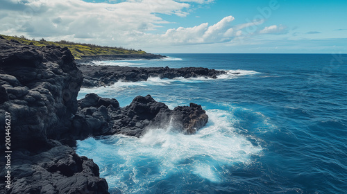 Ocean's Embrace: Witness the raw power and beauty of the ocean as waves crash against rugged, black rock formations, creating a mesmerizing display of nature's artistry.
