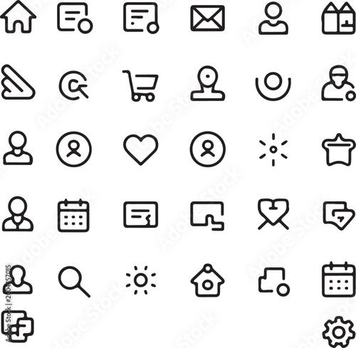 Clean black and white icon set featuring minimal line style symbols, perfect for modern UI design, apps, websites and branding, fully editable scalable vector collection with simple elegant look