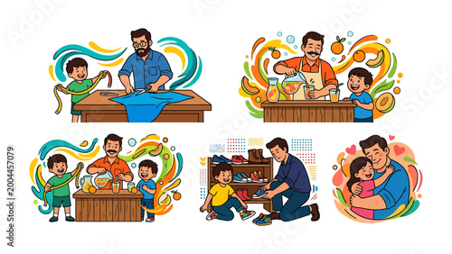 Photos Family Moments Collage: A vibrant collage illustrating heartwarming father-child bonding through various activities: sewing, crafting, and playful moments, culminating in a tender embrace