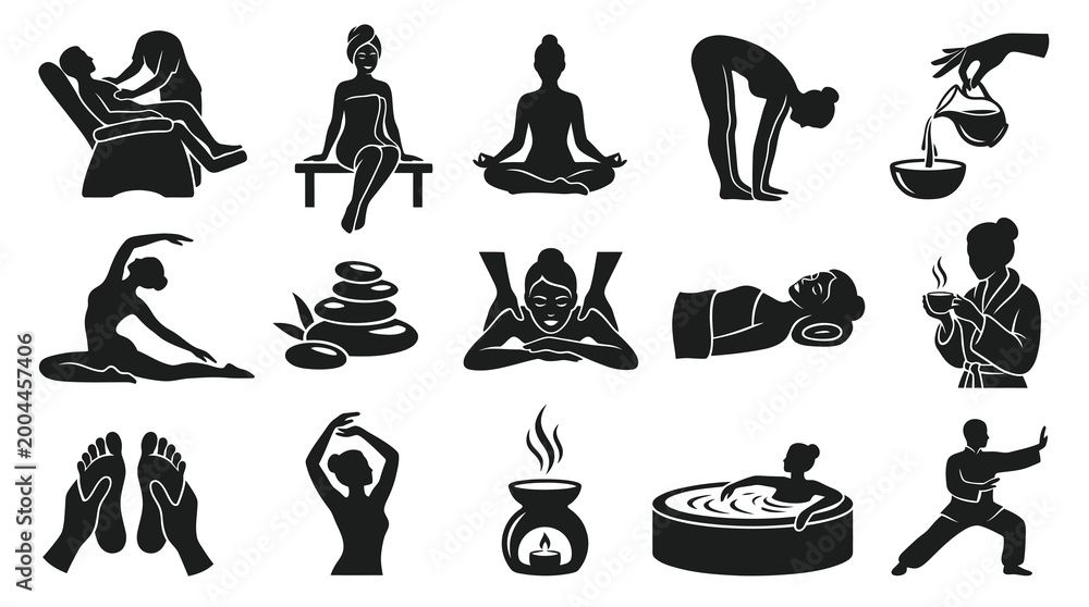 Obraz premium Spa Wellness Icons: Yoga, Massage, Bathing, Meditation, Kung Fu, Health