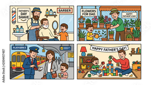 Slika na platnu Father's Day Scenes: A collection of four heartwarming illustrations depicting various Father's Day celebrations, from a barber shop shave to a flower shop visit, a train station farewell