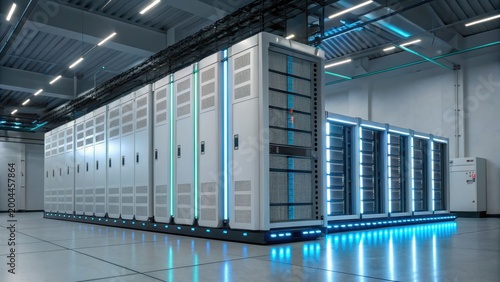 A modern data center with rows of server racks illuminated by blue LED lights inside a spacious, clean industrial room.