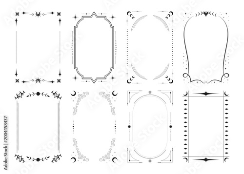 Set of various tarot card frames with celestial elements. Empty tarot card border templates isolated on white background. Vector illustration