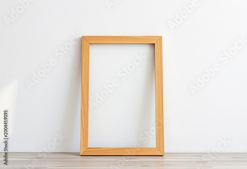Simple wooden frame leaning against a textured white wall,  design,  wall decor