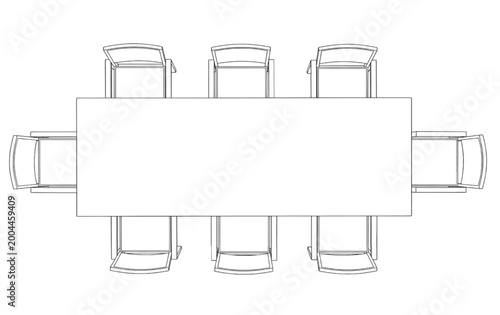 Top View Plan of Modern Rectangular Dining Table with Eight Chairs Minimalist Wireframe Outline Isolated on Black for Architectural Design