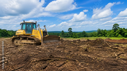 Heavy-duty yellow bulldozer clearing land for construction, dramatic sky