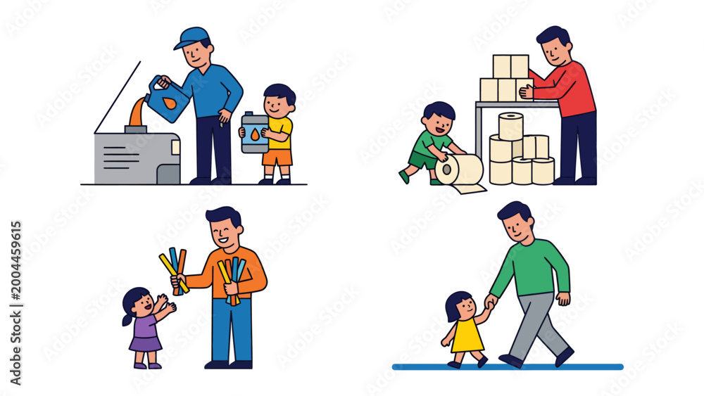 Fototapeta premium Father-Child Moments: A heartwarming compilation of illustrative moments showing a father and child in various daily activities, showcasing the bond between parent and kid.