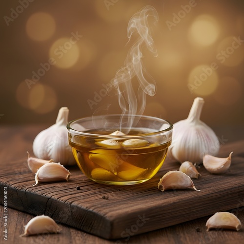  a small glass bowl filled with warm 
golden mustard oil infused with garlic cloves.
