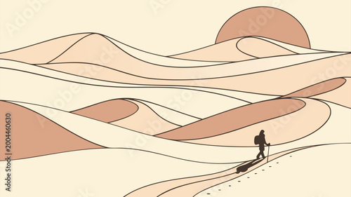 Person hiking through desert sand dunes at sunset